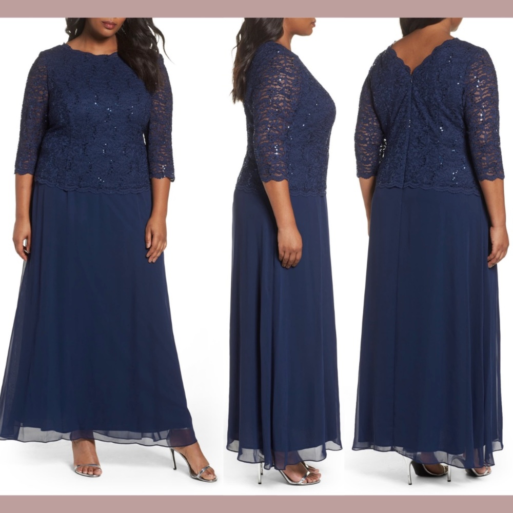 NEW Alex Evenings [ PLUS 22W ] Mock Sequin Lace & Chiffon Gown‎ Navy